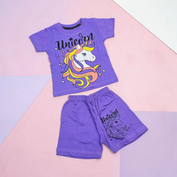 Girls Unicorn Printed T-Shirt & Shorts Set – Purple
