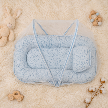 Baby Nest Bed with Mosquito Net – Safe, Cozy & Portable - Blue