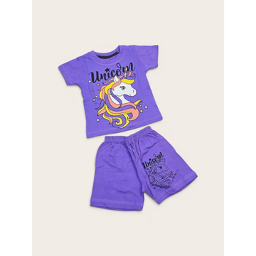Girls Unicorn Printed T-Shirt & Shorts Set – Purple
