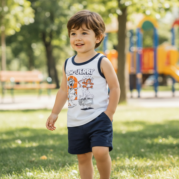 Cartoon Chase Boys Summer Set – Sleeveless Top + Navy Shorts