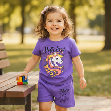 Girls Unicorn Printed T-Shirt & Shorts Set – Purple