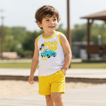 Boys Road Trip Printed Sleeveless Vest & Shorts Set – Yellow