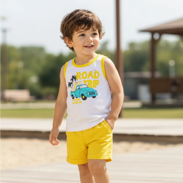 Boys Road Trip Printed Sleeveless Vest & Shorts Set – Yellow