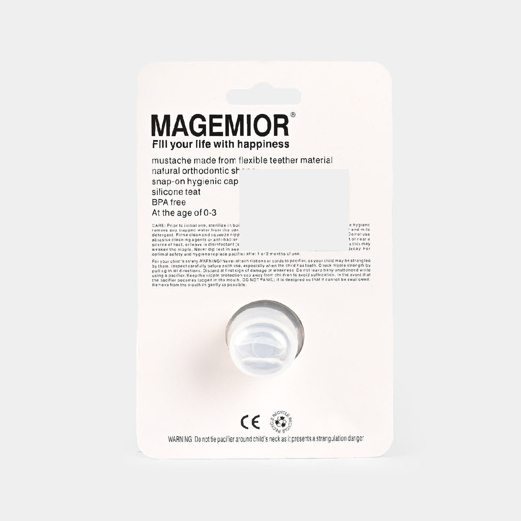 Magemior Mustache Baby Pacifier - Back Packaging with Product Details and BPA-Free Info