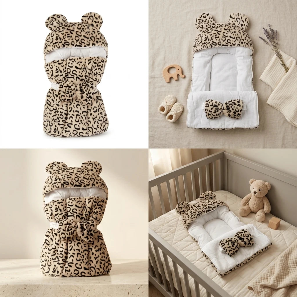 Leopard Bear-Ear Baby Nest collage showing pod upright flat lay open and in-cot lifestyle with grey cot teddy bear and wooden block