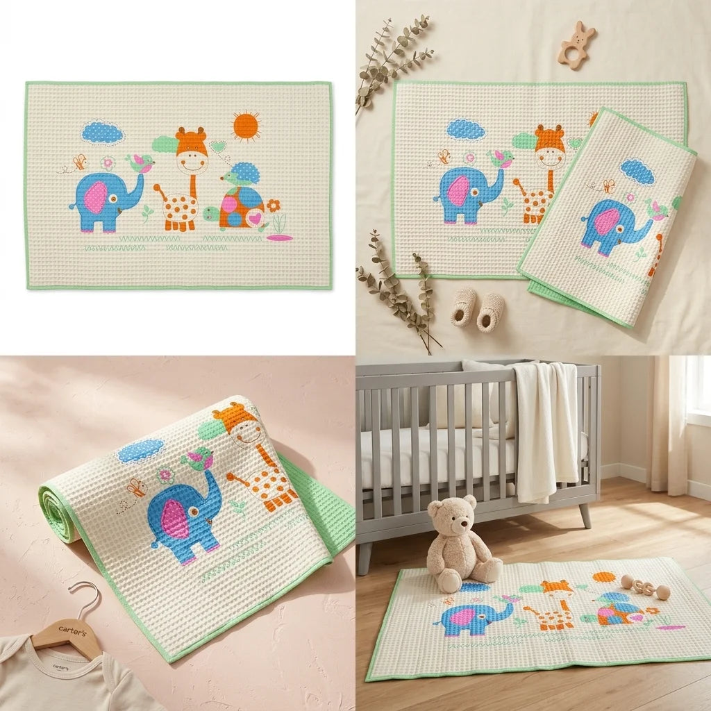 Safari Friends quilted baby play mat collage showing product flat lay rolled mat and nursery floor placement with grey cot and teddy bear