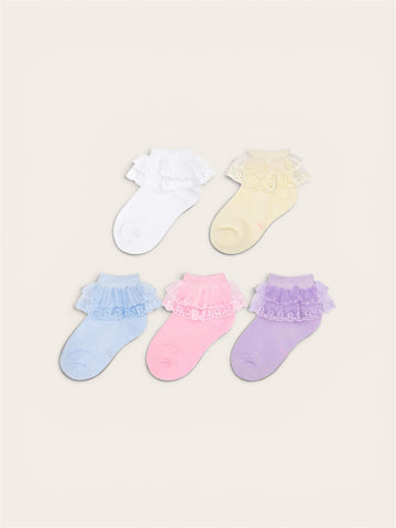 Girls Lace Frill Ankle Socks – Pack of 5 Pastel Colors