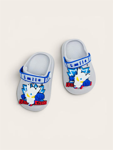 Kids Hero Cartoon Clogs – Grey & Blue (Smile Strap)