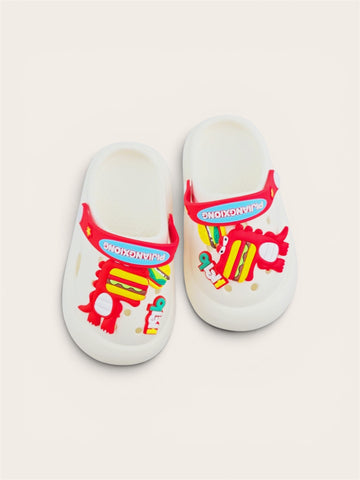 Kids Dino Burger Cartoon Clogs – White & Red