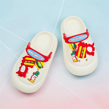 Kids Dino Burger Cartoon Clogs – White & Red