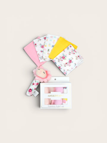 Baby Washcloths & Doll Plush Toy Set – 4 Soft Muslin Cloths + Cute Doll Rattle