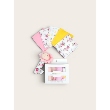 Baby Washcloths & Doll Plush Toy Set – 4 Soft Muslin Cloths + Cute Doll Rattle
