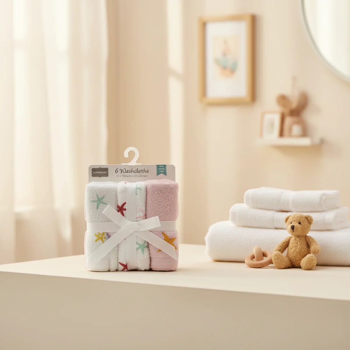 Starfish baby washcloths 6 pack in hanger packaging displayed on white bathroom counter in warm cream nursery bathroom with multicolour starfish print and pink terry cloths bundled with white ribbon beside stacked white towels brown teddy bear and wooden teether ring with sheer curtains and round mirror in background