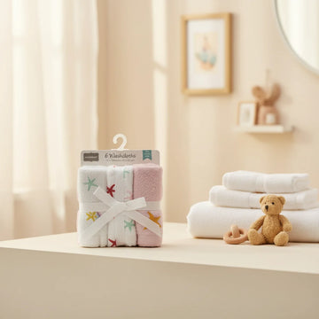 Starfish baby washcloths 6 pack in hanger packaging displayed on white bathroom counter in warm cream nursery bathroom with multicolour starfish print and pink terry cloths bundled with white ribbon beside stacked white towels brown teddy bear and wooden teether ring with sheer curtains and round mirror in background