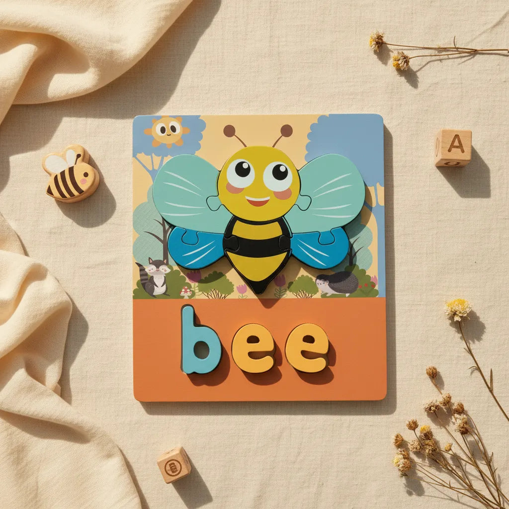 3D Wooden Word Puzzle Bee design showing yellow and black bee puzzle with blue wings over garden scene board and B-E-E letter tiles on linen background with wooden bee toy and dried flowers