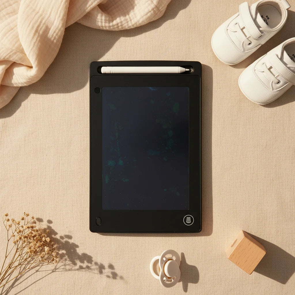 8.5 inch black LCD Writing Tablet flat lay showing sleek black housing with white stylus pen in top slot and single erase button on linen background with white baby shoes pacifier and wooden block