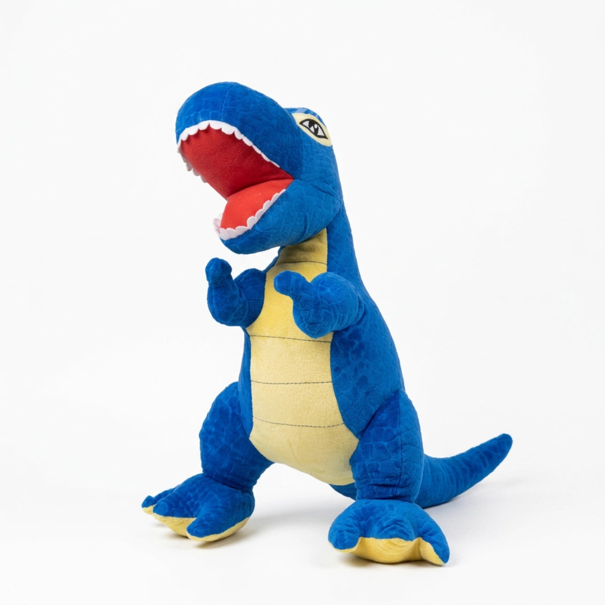 Blue T-Rex dinosaur plush with a yellow tummy on white