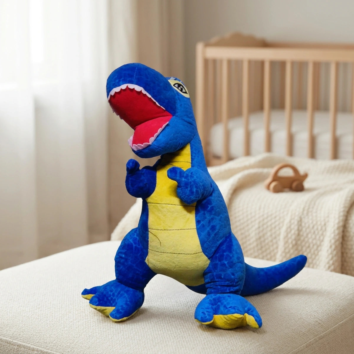 Blue dinosaur plush in a nursery setting