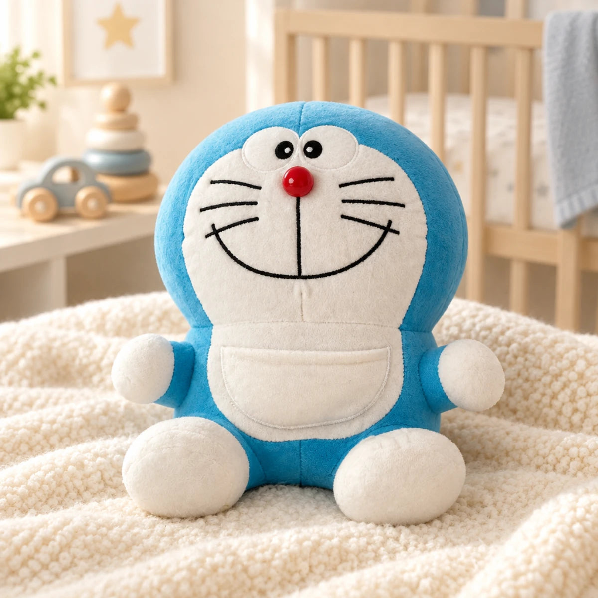 Blue-and-white cat plush sitting in a cozy nursery