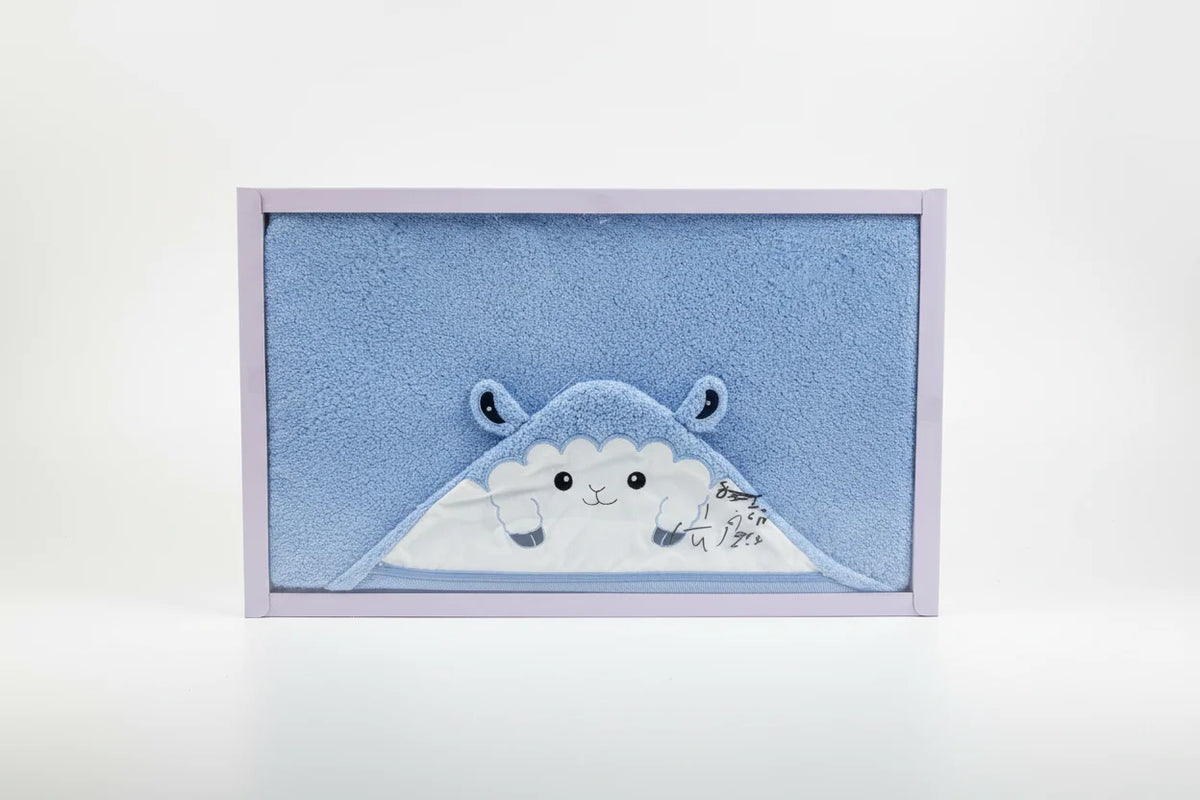 Little Sunshine Little Sheep blue hooded bath towel in Elegant Kids plain gift box on white background