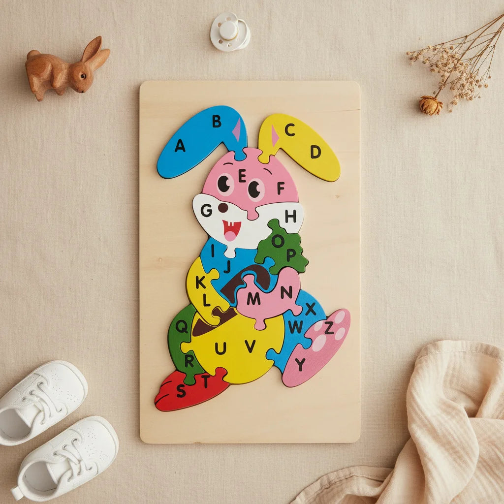 Wooden bunny alphabet jigsaw puzzle with A to Z lettered pieces on natural wood board on linen background with wooden rabbit figurine pacifier and dried flowers