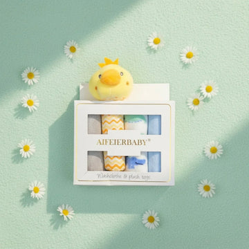 Baby Washcloths & Duck Plush Toy Set – 4 Soft Muslin Cloths + Cute Duck Rattle