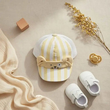 Baby Cat Face Yellow White Stripe Mesh Baseball Cap with 3D Ears