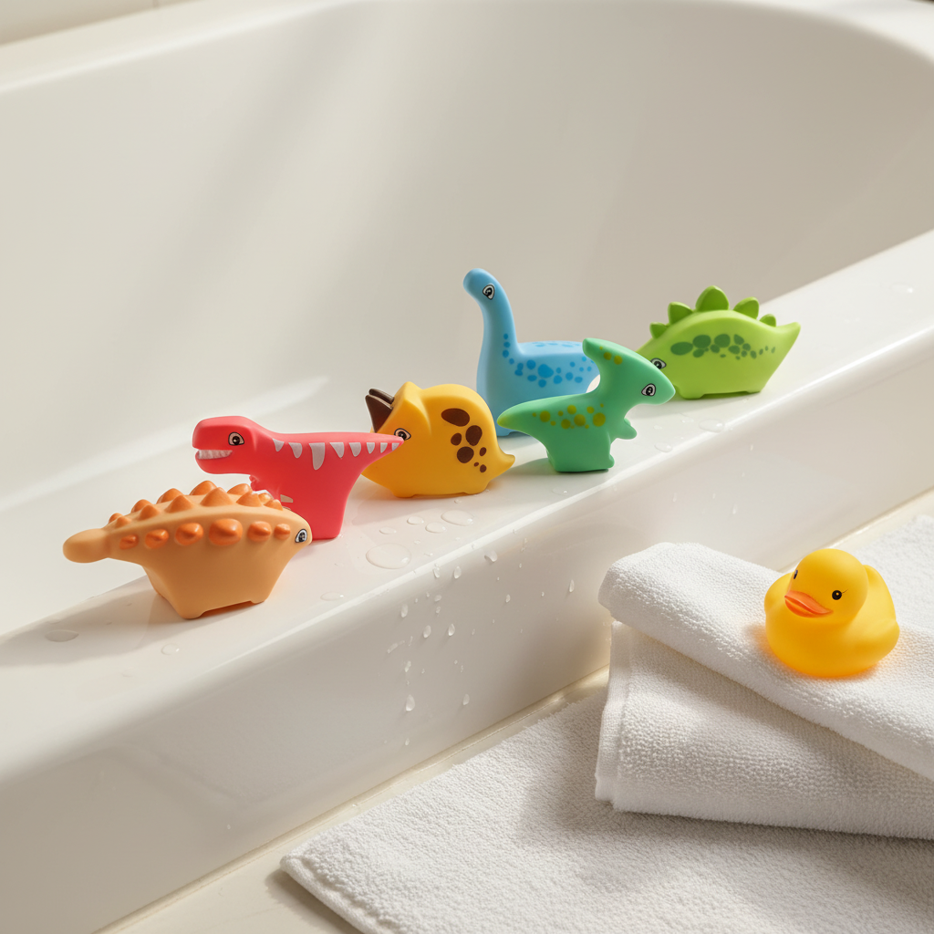 Baby Lov Toy Colourful Dinosaur Bath Toy 6-Pack - cozy bath scene showing 6 dinosaurs lined up on white bathtub edge with yellow rubber duck and white folded towel