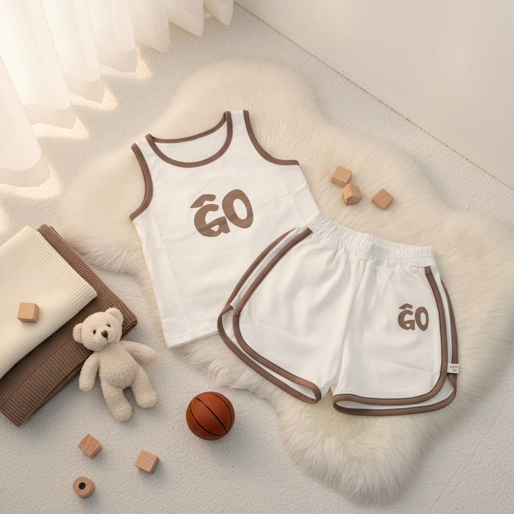 GO Kids Sporty Baby Tank Top Shorts Set - cozy kids room scene on white fur rug with teddy bear mini basketball wooden blocks and cream knit blanket