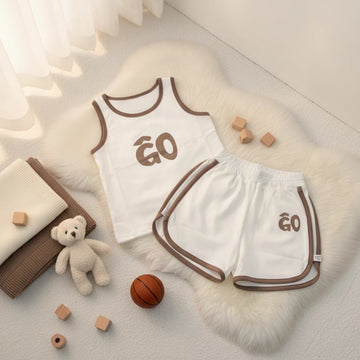 GO Kids Sporty Baby Tank Top & Shorts Set White Mocha Brown Trim Unisex