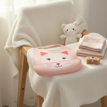 Aifeier Pink Cat Face Silicone Baby Bib with Food Catcher Pocket