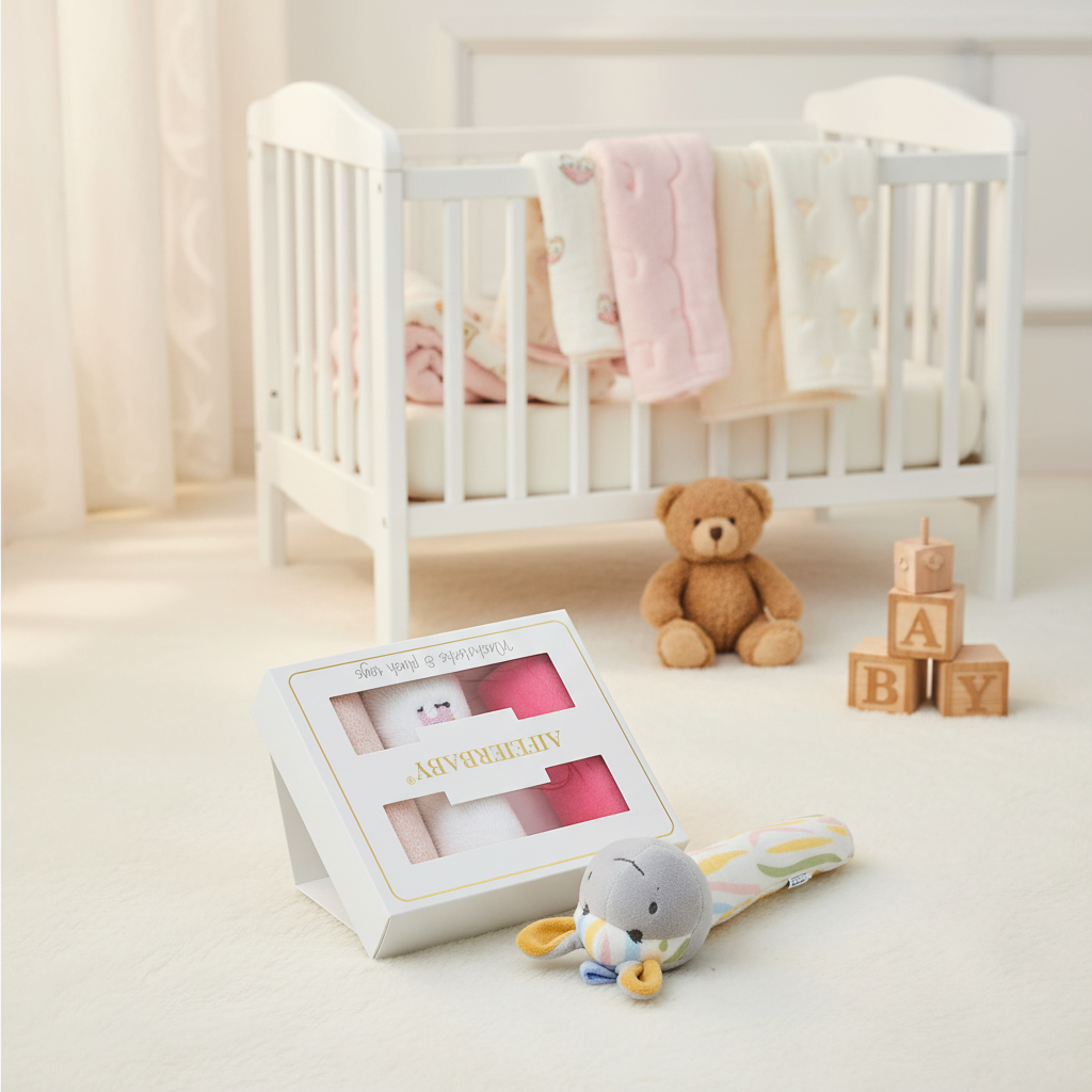 Aifeierbaby Baby Washcloths and Plush Rattle Toy Gift Set - cozy nursery scene with crib