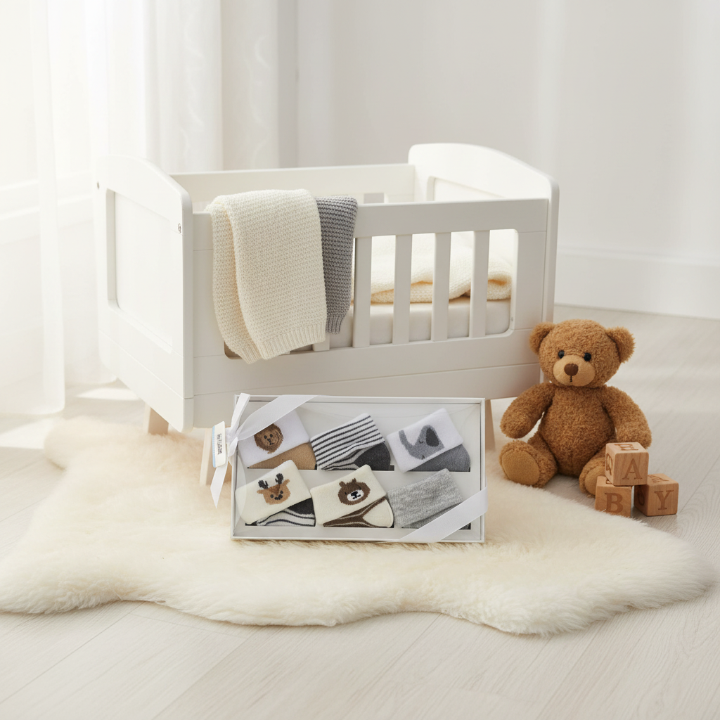 Baby Woodland Animal Socks 5 Pair Gift Box - cozy nursery scene on white fur rug with white crib and teddy bear