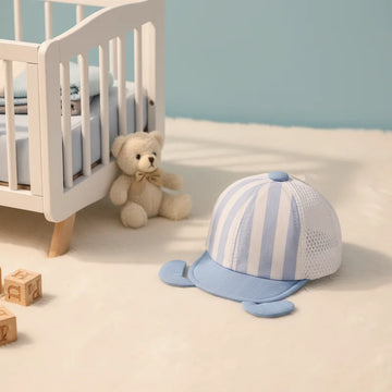 Baby Blue Striped Baseball Cap with Ear Flaps & Mesh Back