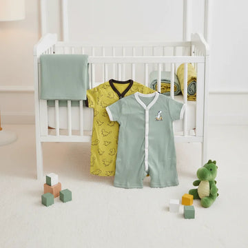 Baby Boy 3-Pack Short Sleeve Rompers Sage Green Dino Yellow Dino White Wednesday Bear