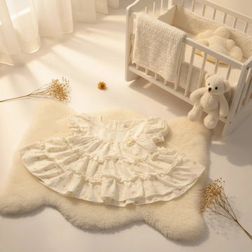 Baby Girl Gold Bow Print Tiered Ruffle Dress with Flower Brooch