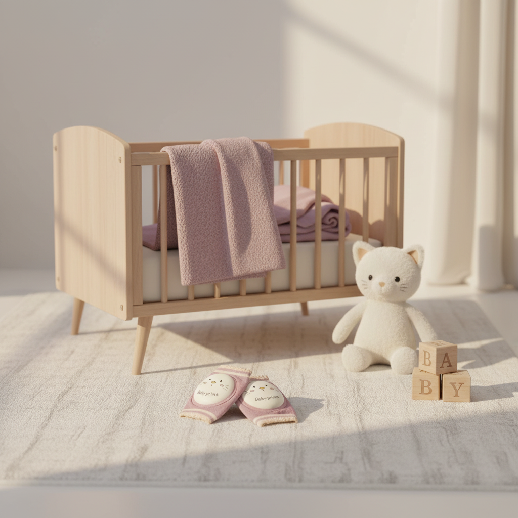Baby Prime Cat Face Mauve Pink Knee Pads - cozy nursery scene with wooden crib cat plush toy and building blocks