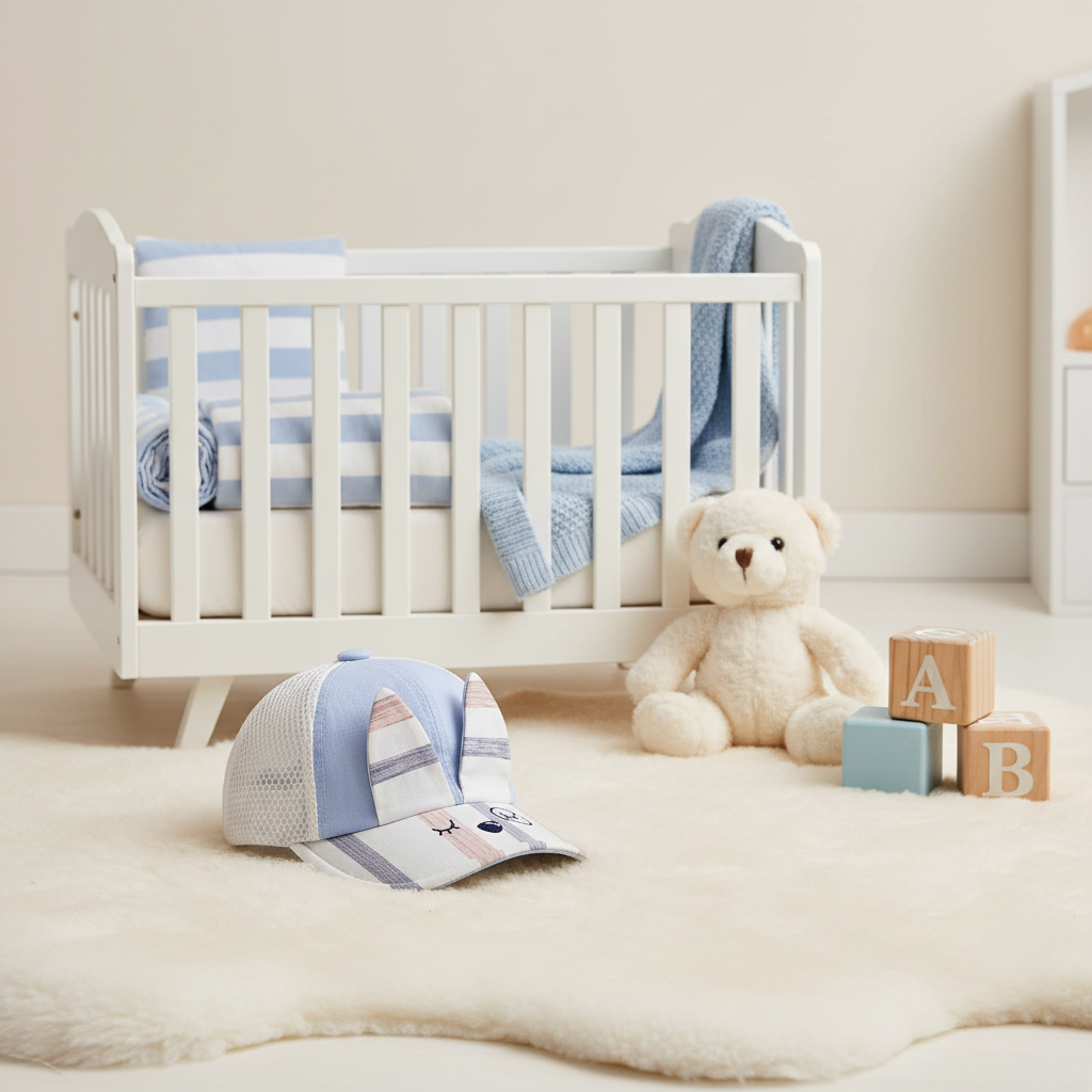 Baby Sleepy Bear Blue Plaid Mesh Cap - cozy nursery scene on white fur rug with white wooden crib teddy bear and alphabet building blocks