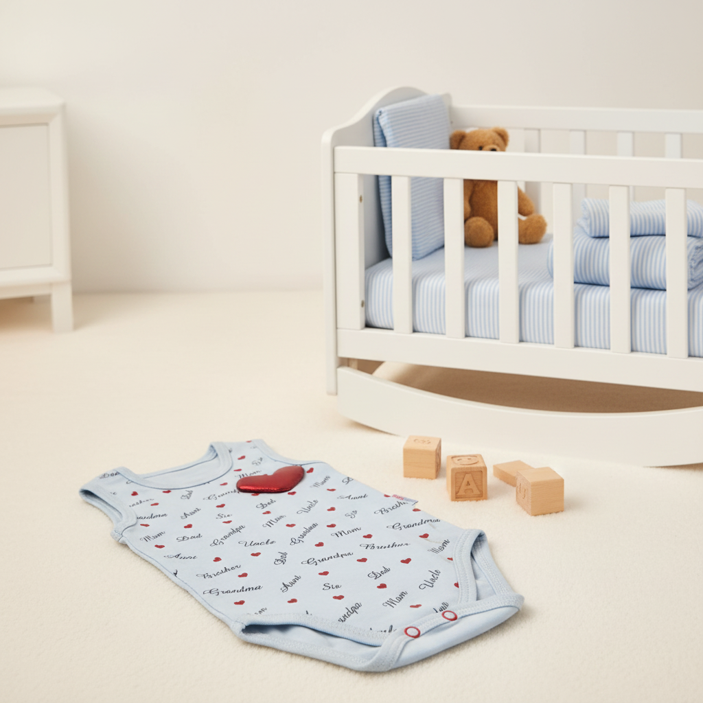 Babytone Family Love All-Over Print Baby Bodysuit Blue - cozy nursery scene laid flat on cream floor next to white wooden crib with blue stripe bedding brown teddy bear and wooden alphabet blocks