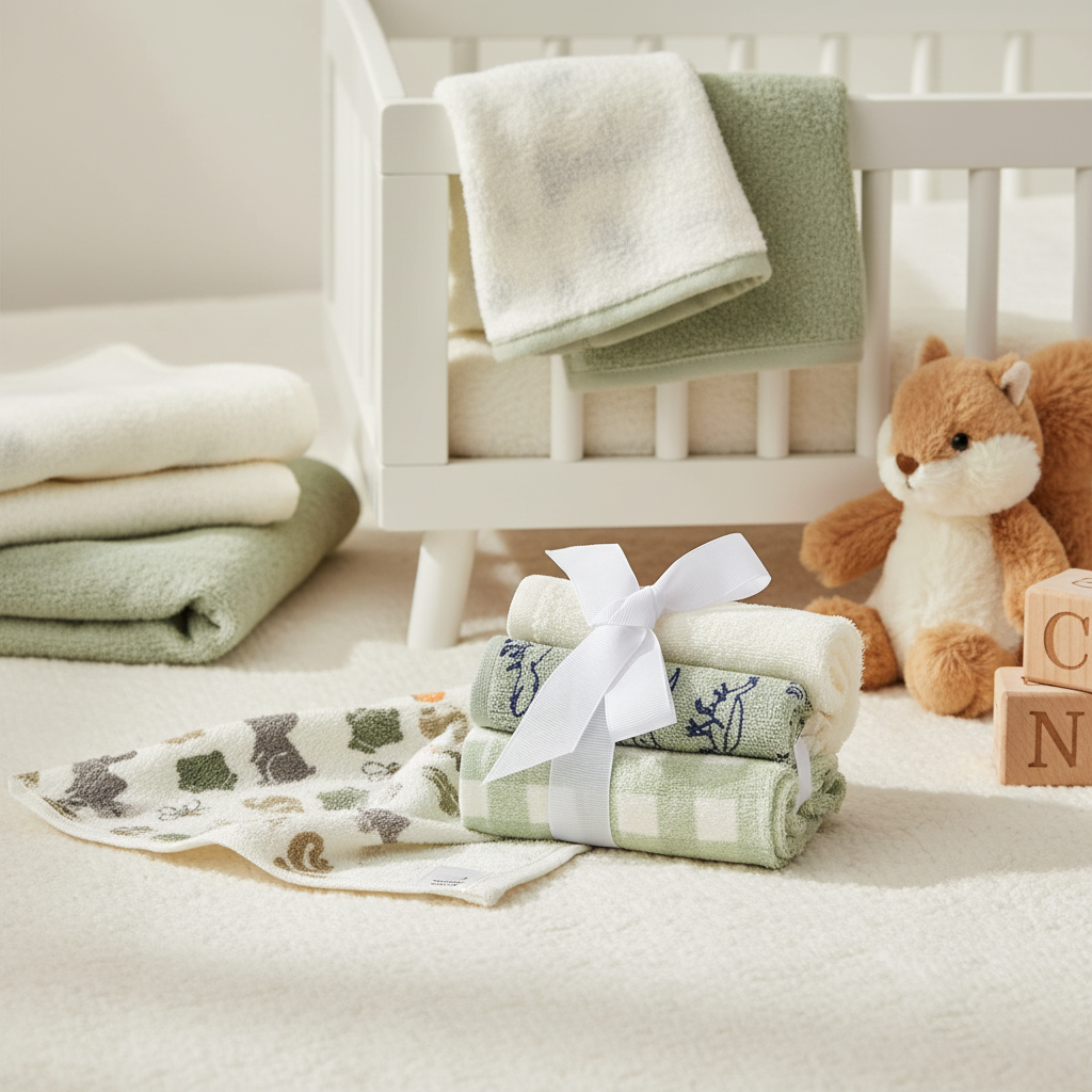 Bebe Favour Woodland Baby Washcloth Set - cozy nursery scene on white fur rug with white wooden crib fox plush toy and wooden alphabet blocks