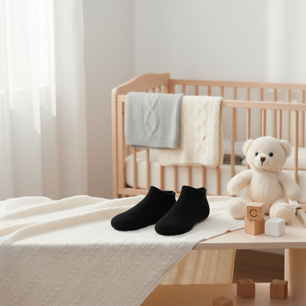 BeiHaoXiong Black Baby Ankle Socks - cozy nursery scene on bed with teddy bear and wooden crib
