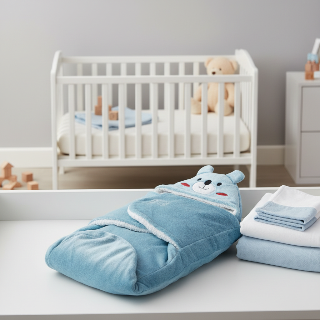 Blue bear hooded swaddle wrap – cozy nursery scene on white changing table next to white crib and teddy bear