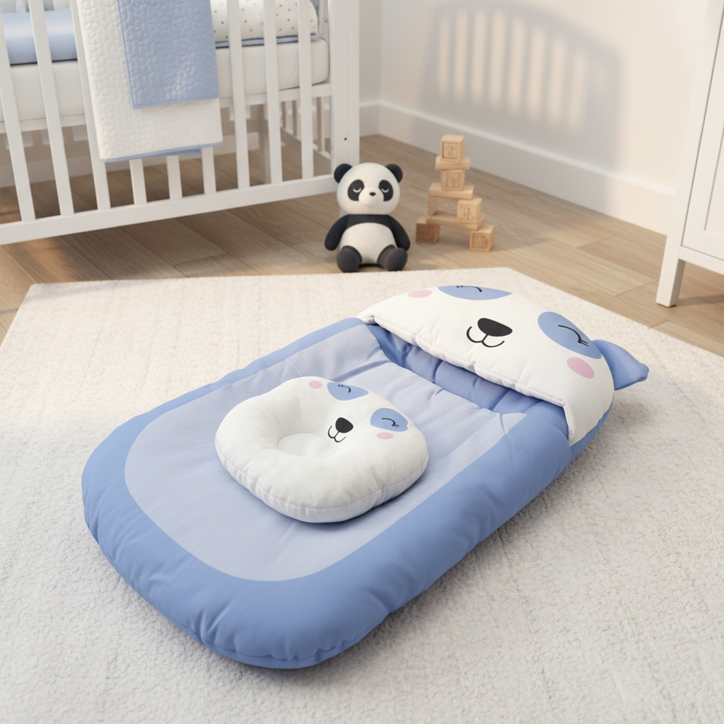 Blue Sleeping Panda Baby Nest Bed with Head Support Pillow alternate cozy nursery scene on white fluffy rug next to white wooden crib with blue blanket panda plush toy and stacked wooden blocks