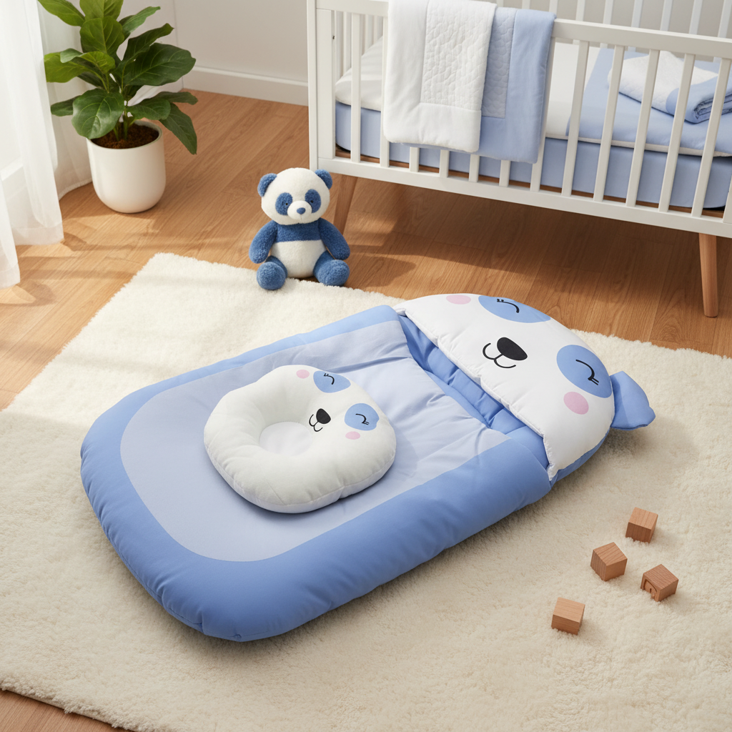 Blue Sleeping Panda Baby Nest Bed with Head Support Pillow cozy nursery scene on white fluffy rug next to white wooden crib with blue bedding blue panda plush toy and wooden building blocks