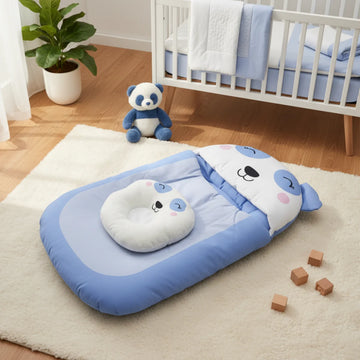 Blue Sleeping Panda Baby Nest Bed with Head Support Pillow Set Newborn Lounger