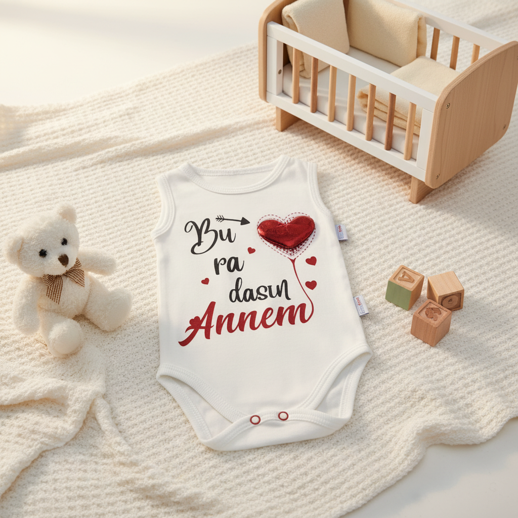 Buradasın Annem Baby Bodysuit - cozy nursery scene with teddy bear and wooden crib