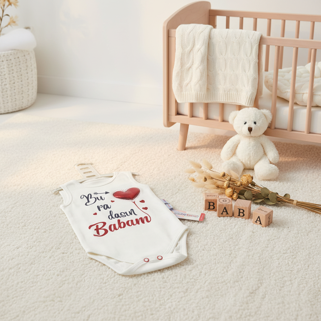 Buradasın Babam White Sleeveless Baby Bodysuit - cozy nursery scene laid flat on cream carpet next to pink wooden crib with cream cable knit blanket white teddy bear dried flowers and wooden BABA alphabet blocks