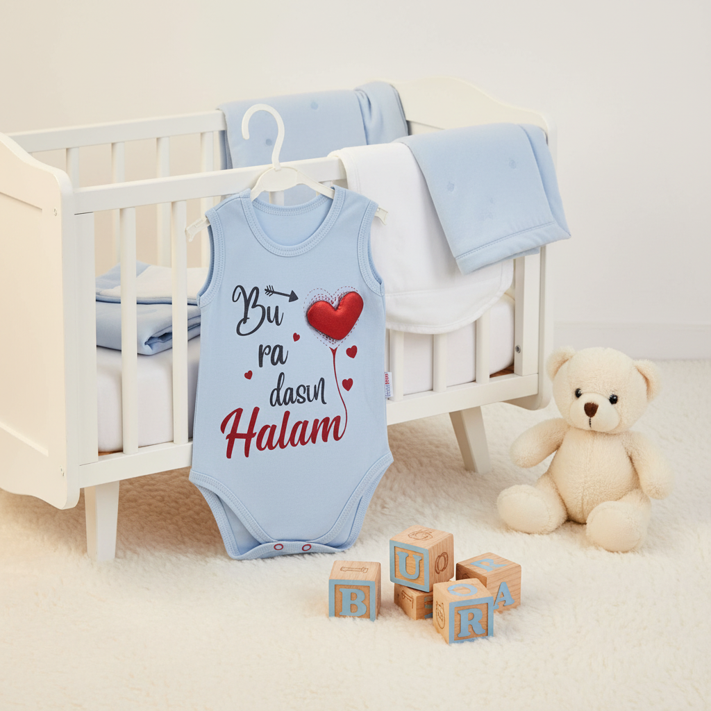 Buradasın Halam Light Blue Sleeveless Baby Bodysuit - cozy nursery scene hanging on white wooden crib with white teddy bear wooden alphabet blocks spelling BURA and light blue blanket