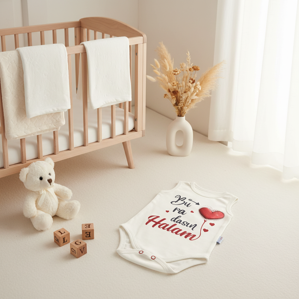 Buradasın Halam White Sleeveless Baby Bodysuit - cozy nursery scene laid flat on cream floor next to natural wood crib with white teddy bear wooden LOVE alphabet blocks and dried flower vase