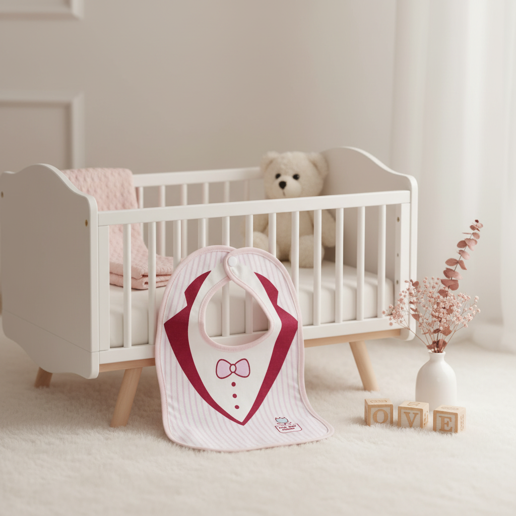 Care Baby Friends Tuxedo Baby Bib - cozy nursery scene leaning against white wooden crib with teddy bear and LOVE blocks